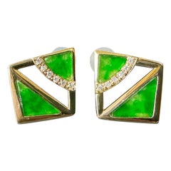 Natural Myanmar Iridescent Green Triangle Jade Earrings in 18K Gold and Diamond