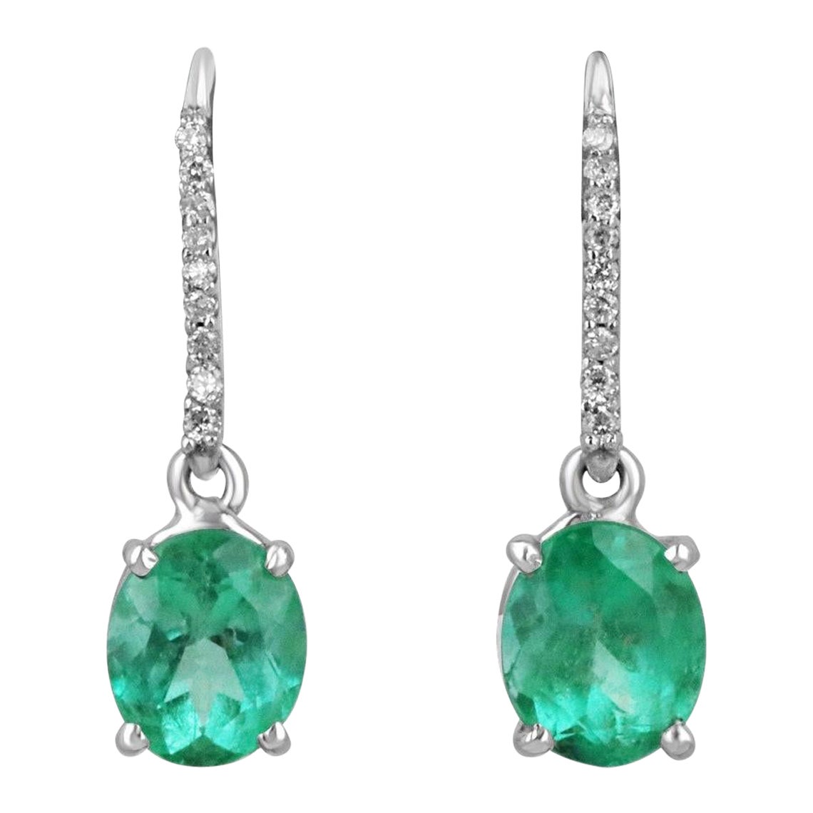 14K Gold 4.25tcw Vivid Green Colombian Emerald Oval & Diamond Pave Dangle For Sale
