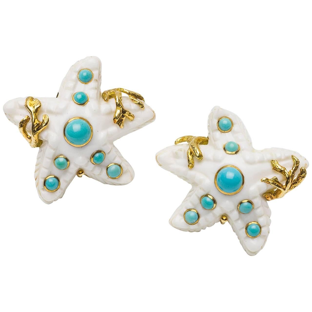 Seaman Schepps Carved Coral and Turquoise Starfish Earclips