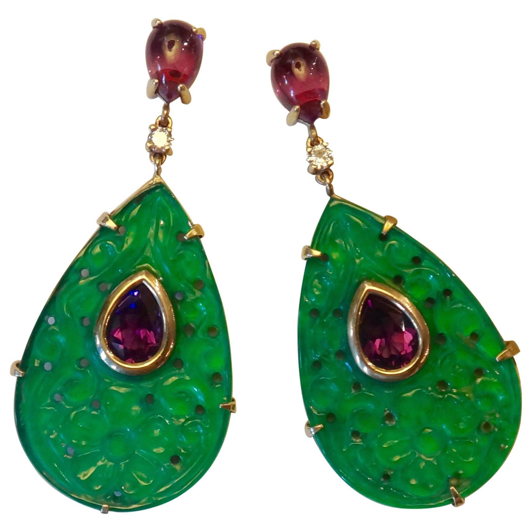 Michael Kneebone Carved Green Agate Amethyst Diamond Gold Dangle Earrings