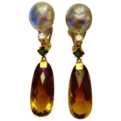 Ametrine Green Tourmaline Baroque Tahitian Pearl Diamond Gold Dangle Earrings