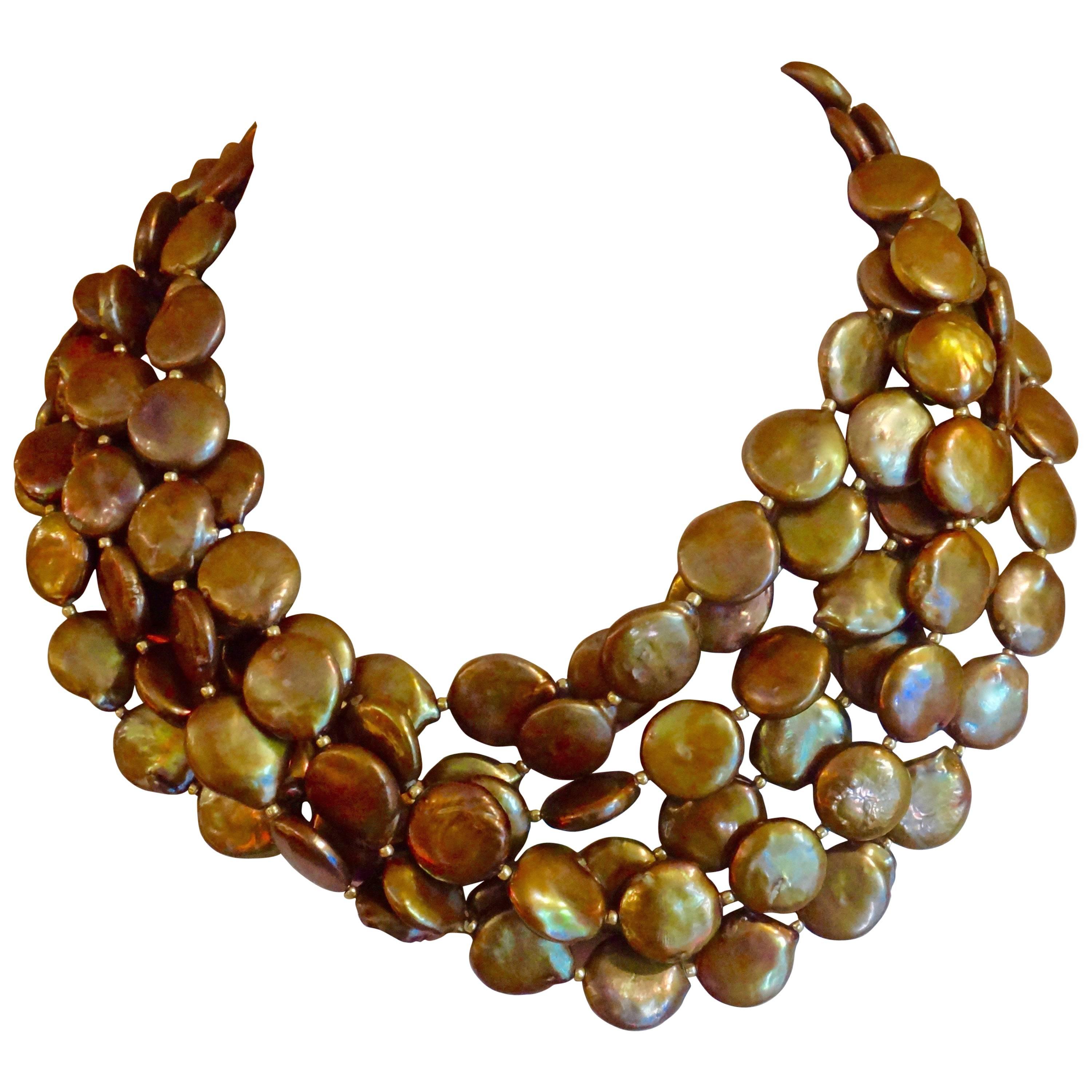 Six Strand Bronze Colored Coin Pearl Torsade Necklace