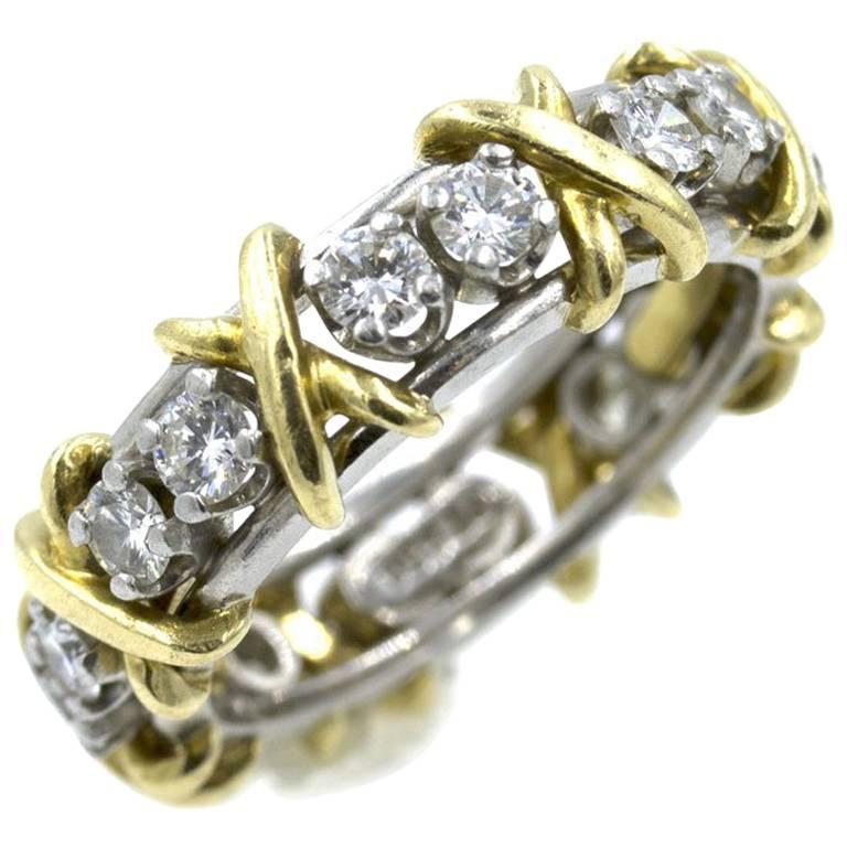 Tiffany and Co. Schlumberger 16 Diamond Gold Platinum X Eternity Band