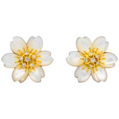Art Nouveau White Diamond Mother Of Pearl Yellow Gold Flowers Clip-On Earrings