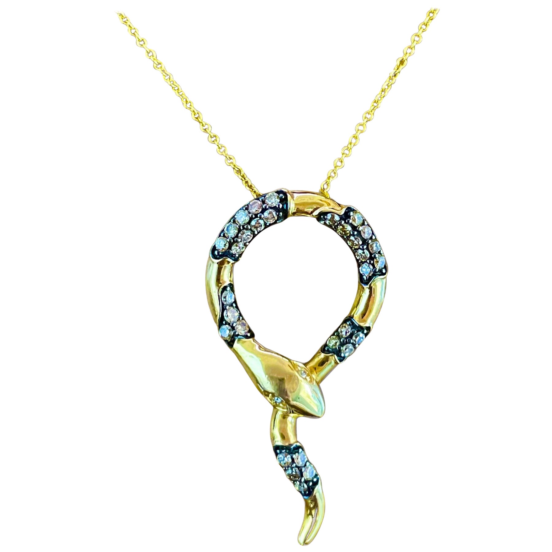 Enchanted Serpent: 14K Yellow Gold Diamond Snake Necklace For Sale