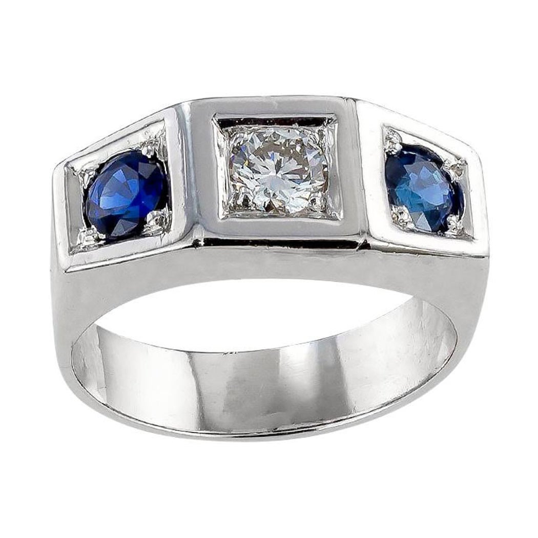 Anello a tre pietre con diamante e zaffiro in oro bianco 18 carati e platino, in stile Art Deco 1930