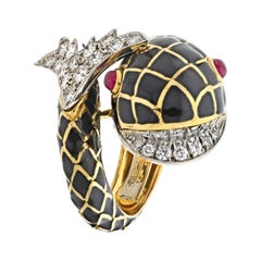 David Webb Platinum & 18K Yellow Gold Koi Fish Black Enamel Ring