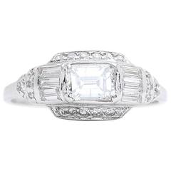 Antique Art Deco 1.47 Carat Emerald Cut Diamond Platinum Engagement Ring 