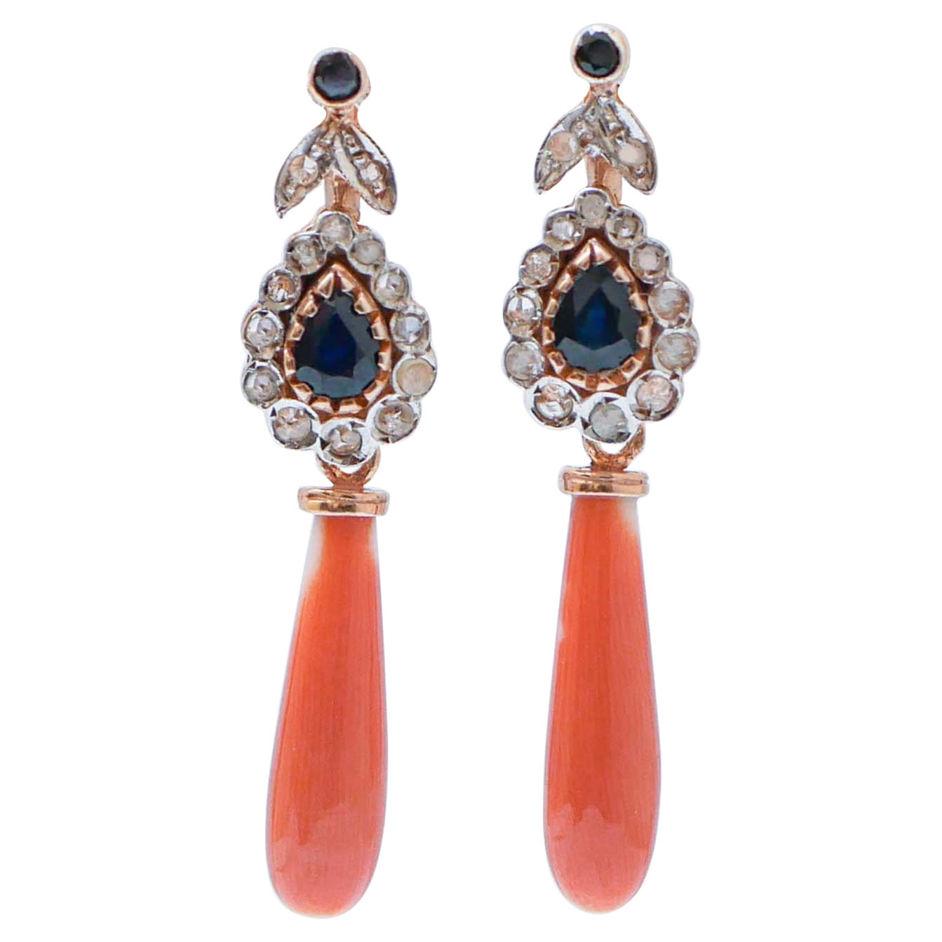 Coral, Sapphires, Diamonds, Rose Gold and Silver Earrings. For Sale