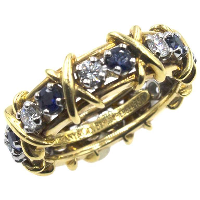 Tiffany & Co. Schlumberger Sapphire Diamond 18K Yellow Gold X Eternity Band Ring