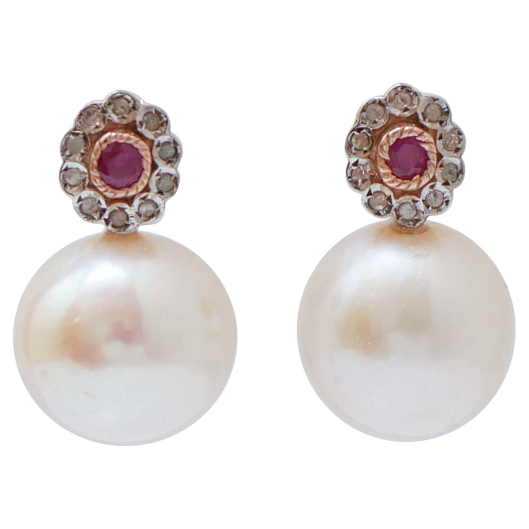 White Pearls, Rubies, Diamonds,  Rose Gold and Silver Earrings.