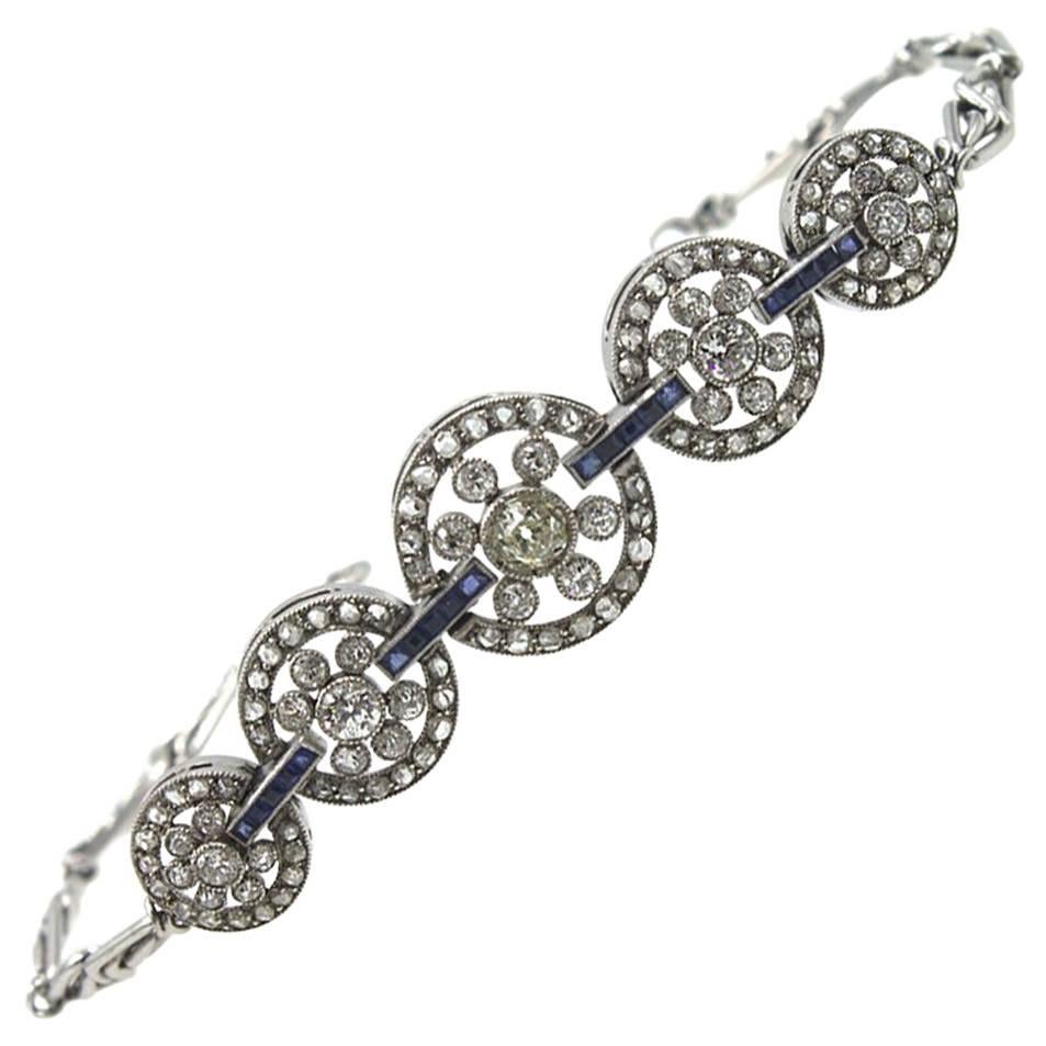 Original Art Deco Diamond Sapphire Platinum Circle Link Bracelet