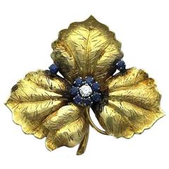 1950S Sapphire Diamond Gold Flower Brooch 10