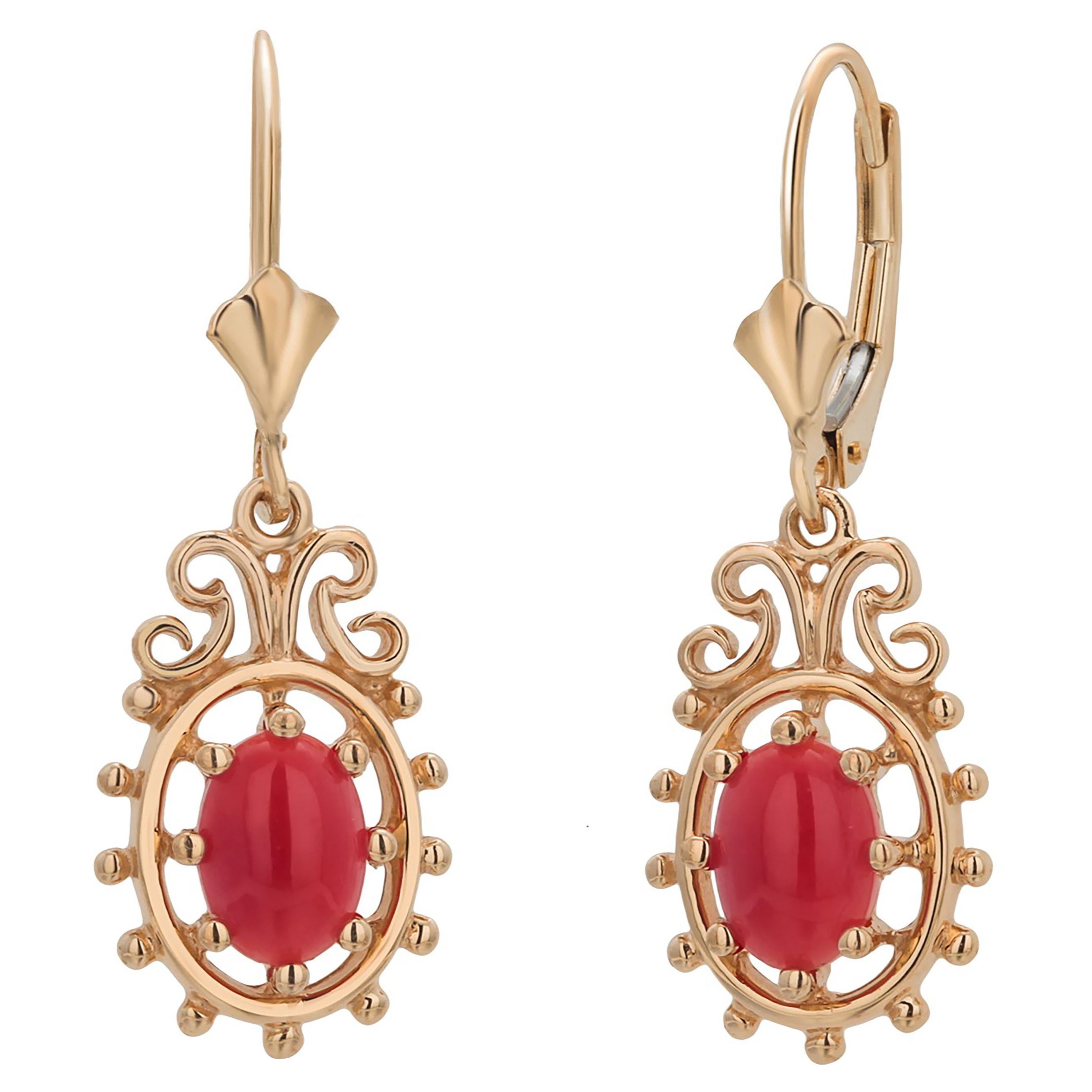 Vintage 14 Karat Yellow Gold Coral Lever Back 1.25 Inch Long Drop Earrings