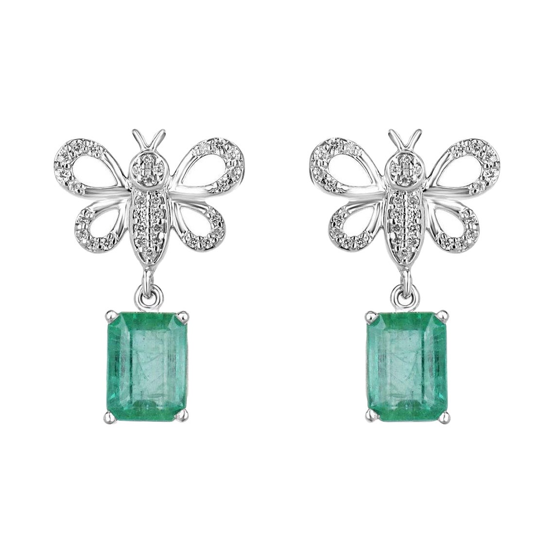 4.10tcw 14K Emerald & Diamond Butterfly Dangle Earrings Lush Green Prong Set