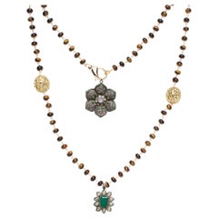 CLARISSA BRONFMAN "Carmen" Tiger's Eye Emerald Diamond Flower Rosary Necklace