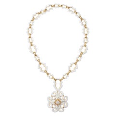 David Webb 18k Gold White Enamel Heraldic Pendant Necklace