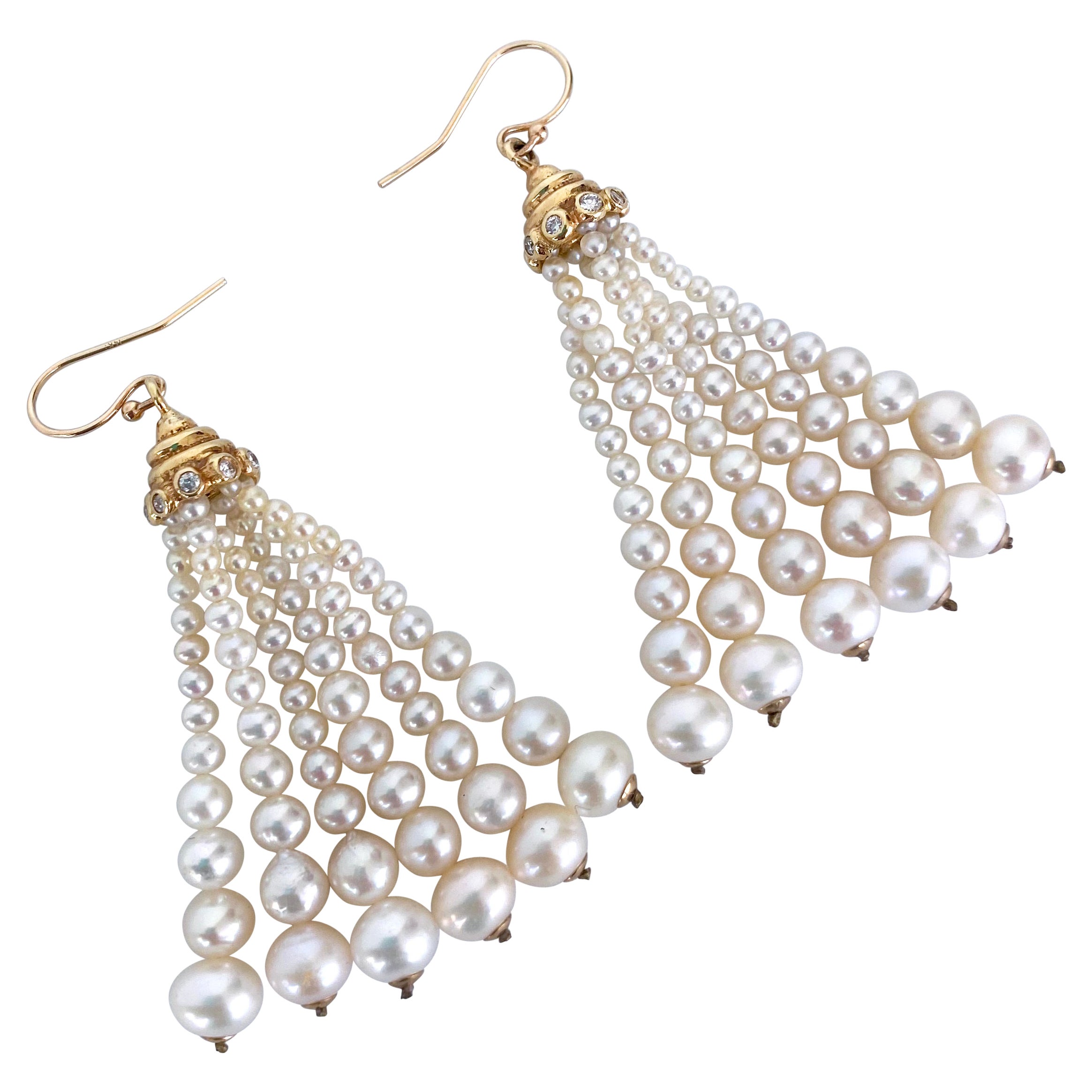 Marina J. Graduated Pearl Tassel Earrings with Diamonds & Solid 14k Yellow Gold
