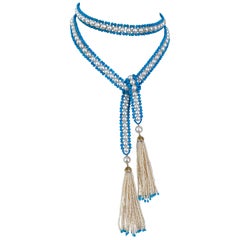 Marina J. Woven Pearl & Turquoise Sautoir with Seed Pearl & Gold Tassels