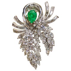 Alfiler broche articulado esmeralda diamante platino vintage años 50 11,30cttw G Vs
