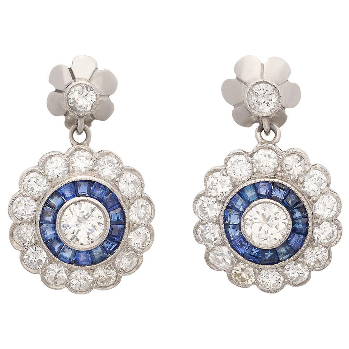 Platinum Diamond Drop Earrings with Sapphire Halo For Sale