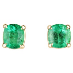 2.41tcw 14K Colombian Cushion Cut Emerald Stud Earrings Vivid Green Prong Set