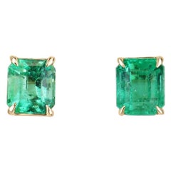 2.21tcw 18K Colombian Emerald Cut Studs Vivid Green Four Prong Set 750 Gold