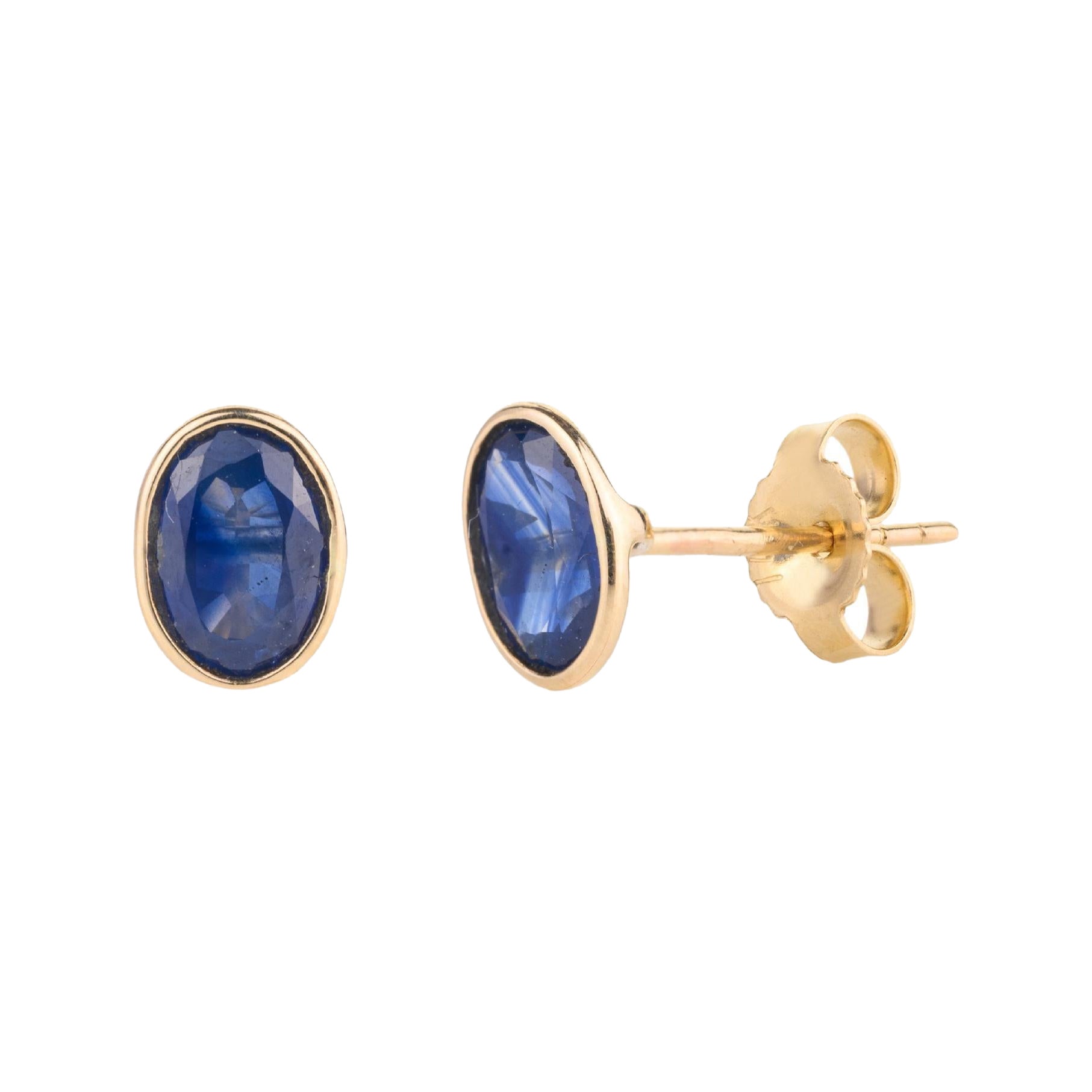 Dainty 1.34 Carat Bezel Set Blue Sapphire 14k Yellow Gold Stud Earrings Gift For Sale