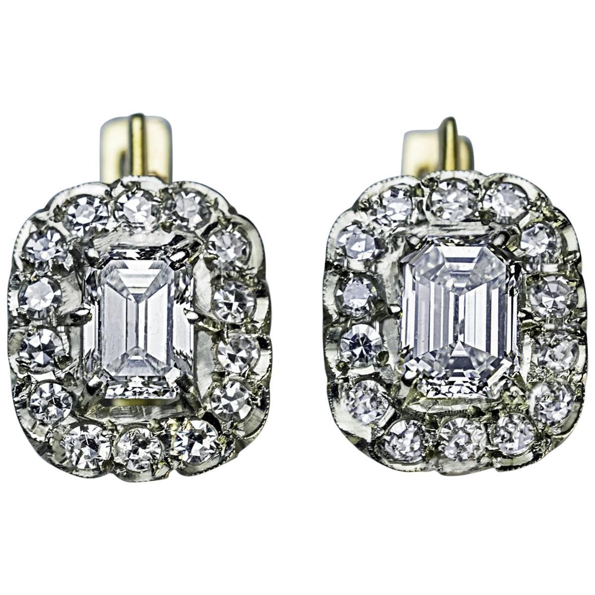 Russian Emerald Cut Diamond Cluster Earrings