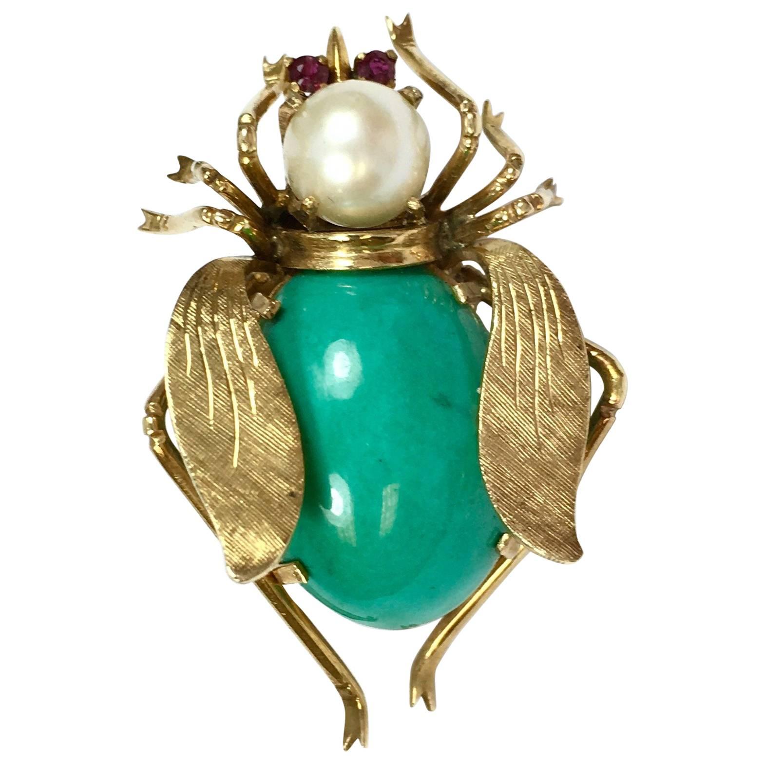 Turquoise Ruby Pearl Gold Large Insect Brooch Pin