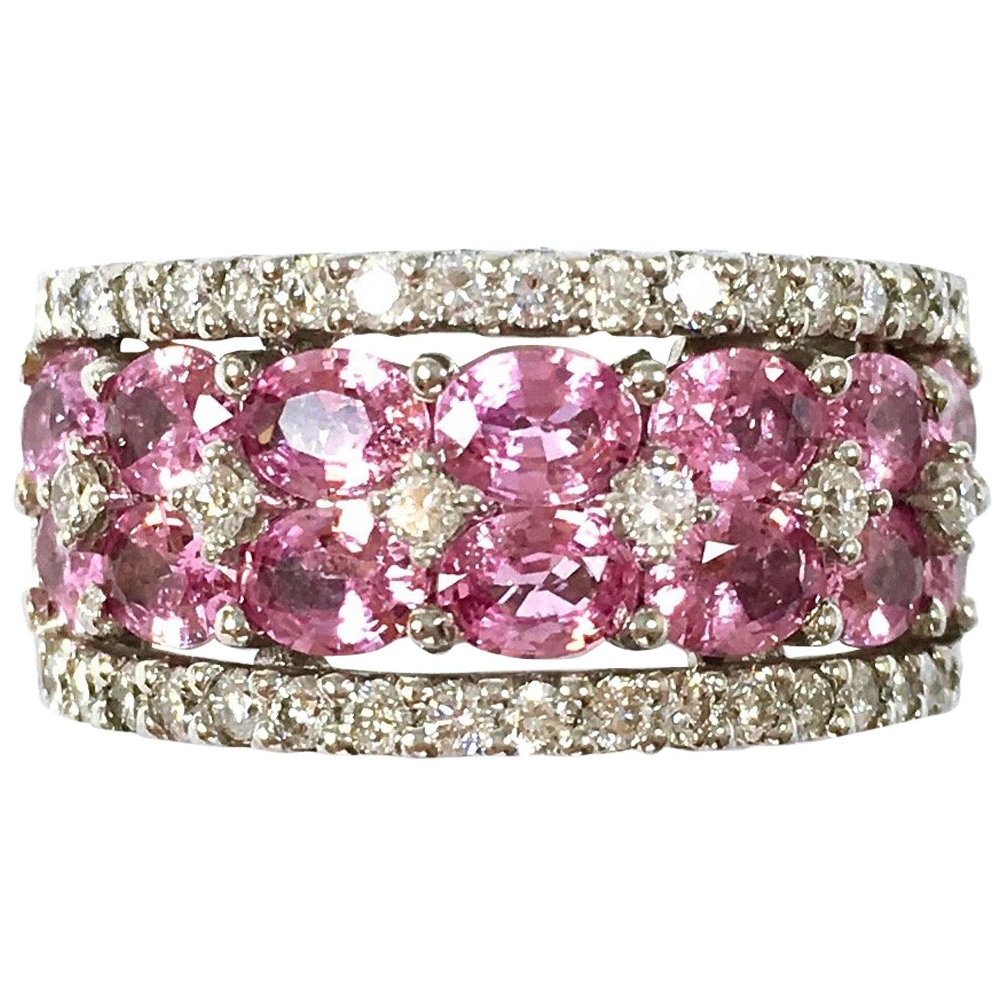 Wide Pink Sapphire and Diamond Gold Band Ring