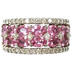 Wide Pink Sapphire and Diamond Gold Band Ring