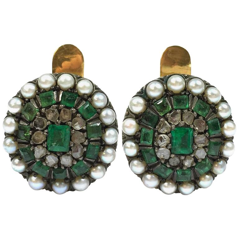 Antique Emerald Pearl And Rose Cut Diamonds Silver Gold Earrings Antique Emerald Pearl And Rose Cut Diamonds Silver Gold Earrings For