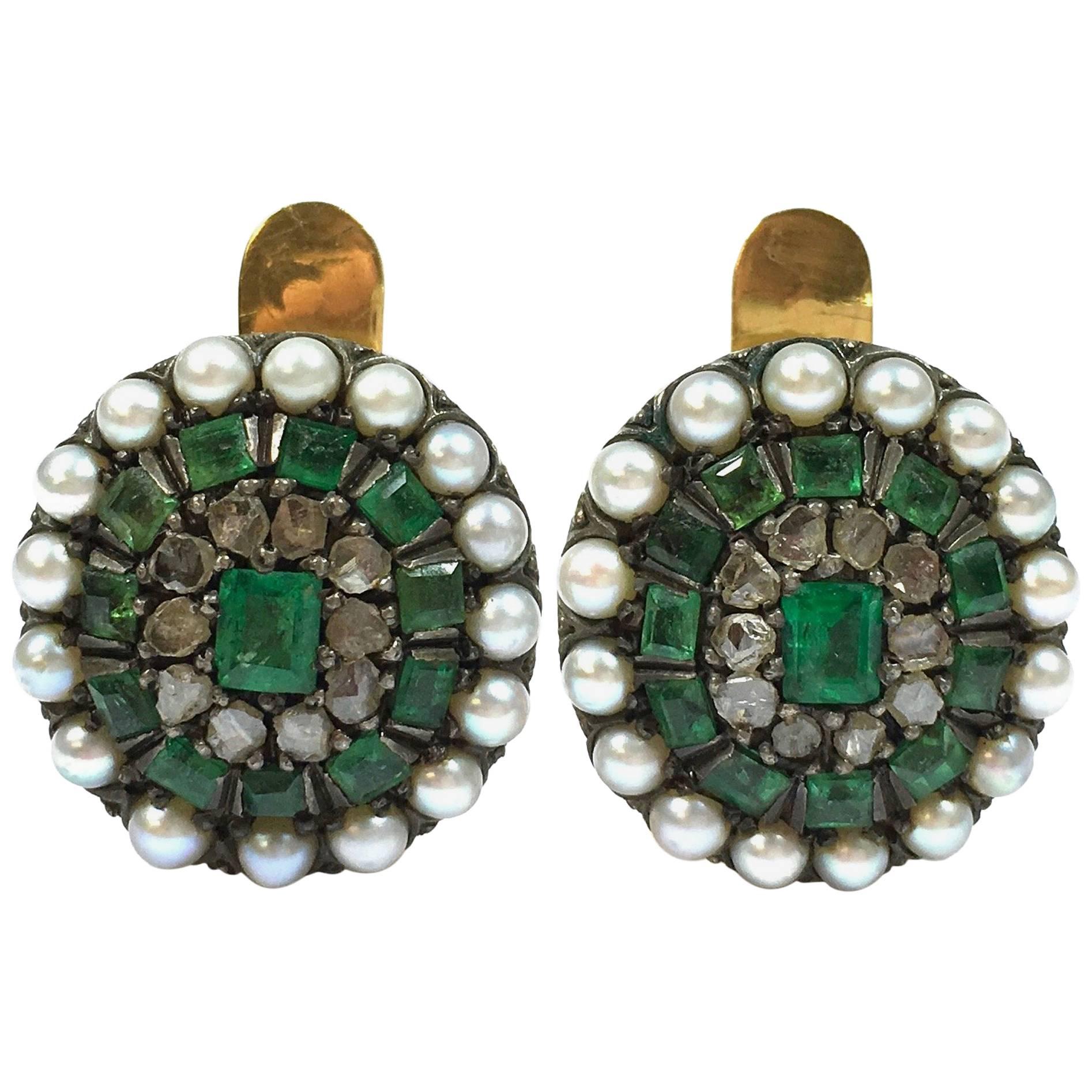 Antique Emerald Pearl and Rose Cut Diamonds Silver and Gold Earrings