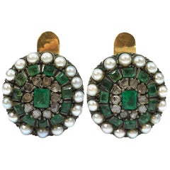 Antique Emerald Pearl and Rose Cut Diamonds Silver and Gold Earrings