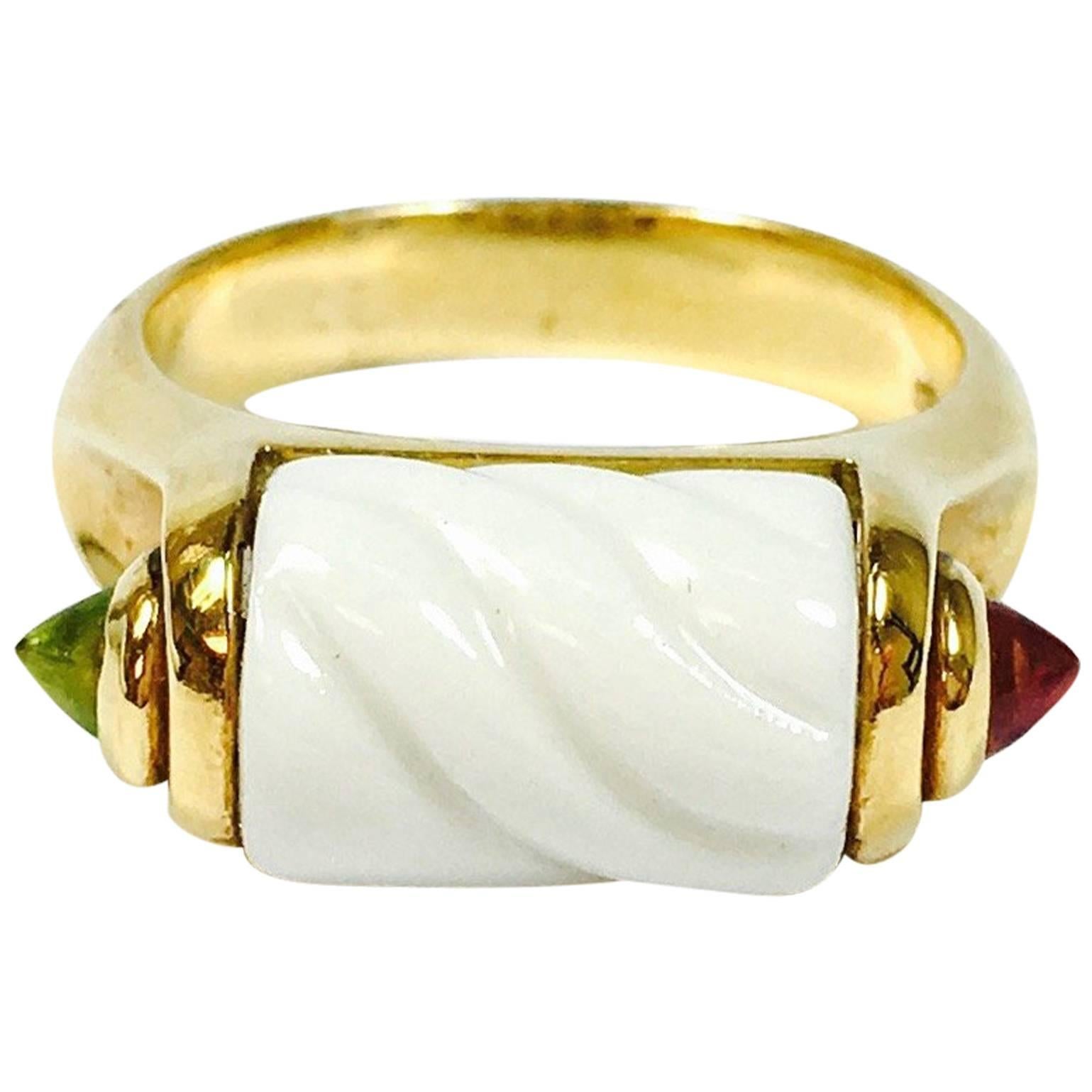 Bulgari White Ceramic Rondell Tourmaline Gold Ring