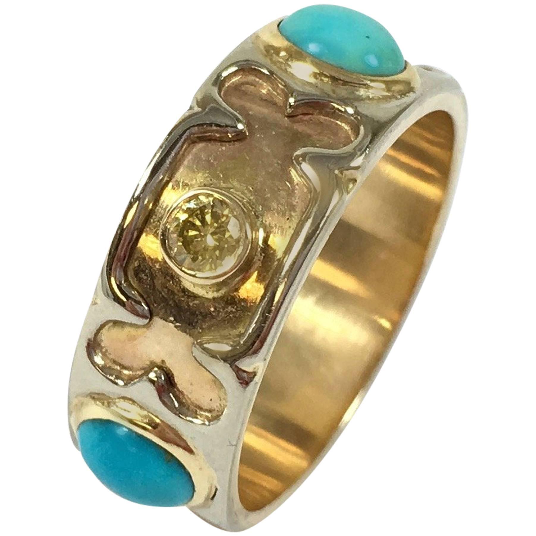 Unique Turquoise Diamond Gold Band Ring  For Sale