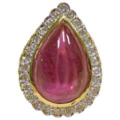 Vintage 20 Carats Pink Tourmaline Cabochon Diamond Gold Ring