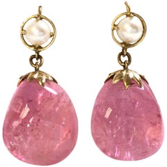 Large Pink Tourmaline Pearl Gold Dangle Earrings