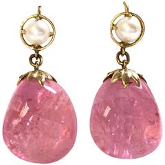 Large Pink Tourmaline Pearl Gold Dangle Earrings 10