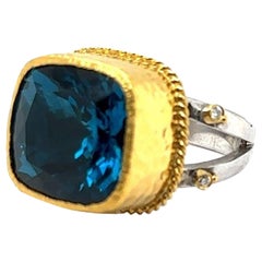 JAS-22-2304 - 24K/SS CUSHION CUT LONDON BLUE TOPAZ HAND MADE RING with DIAMONDS