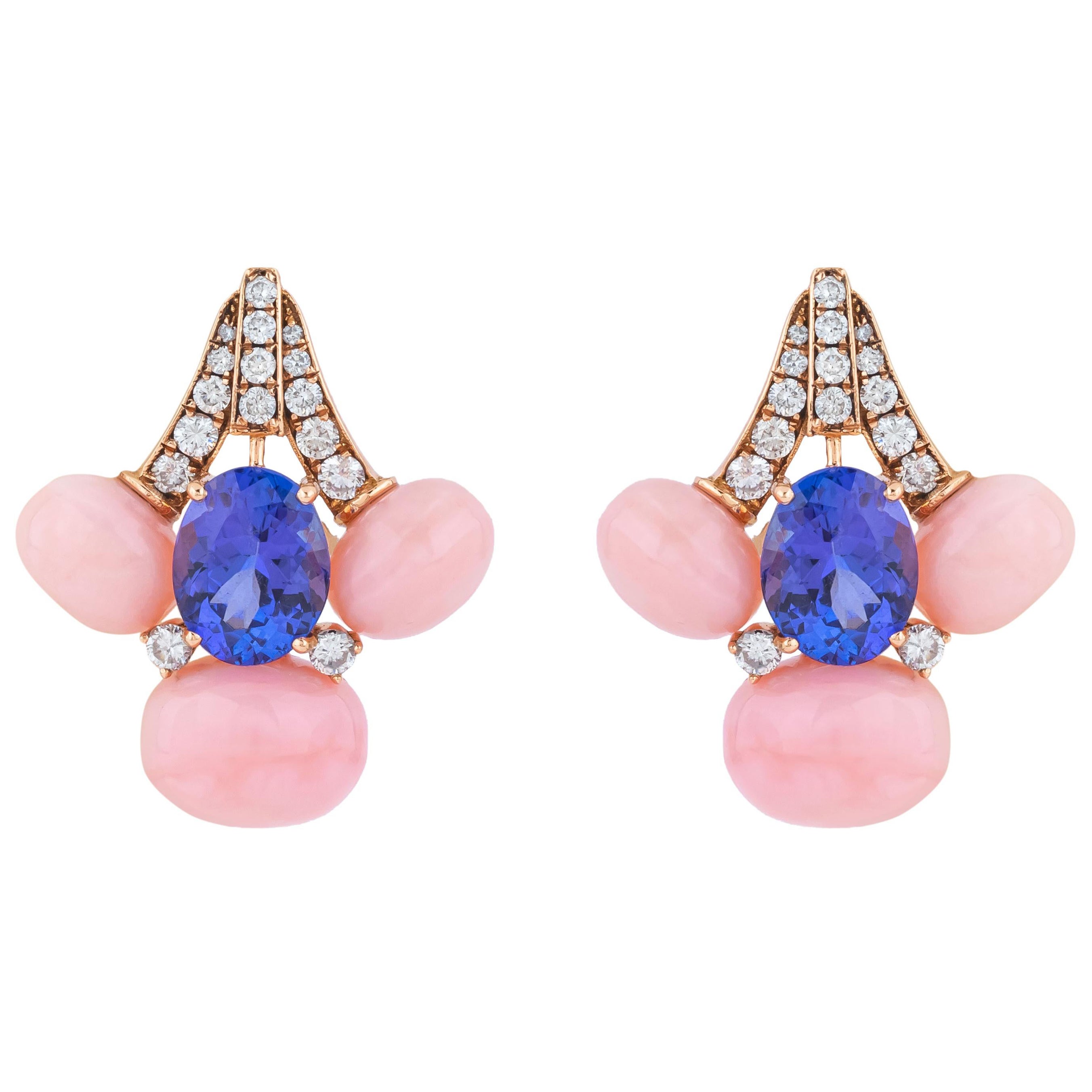 18 Karat Gold 22.5 Carat Diamond, Opal and Tanzanite Stud Earrings For Sale