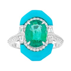 Anello solitario in oro 18 carati con diamanti, smeraldi e turchesi da 4,9 carati