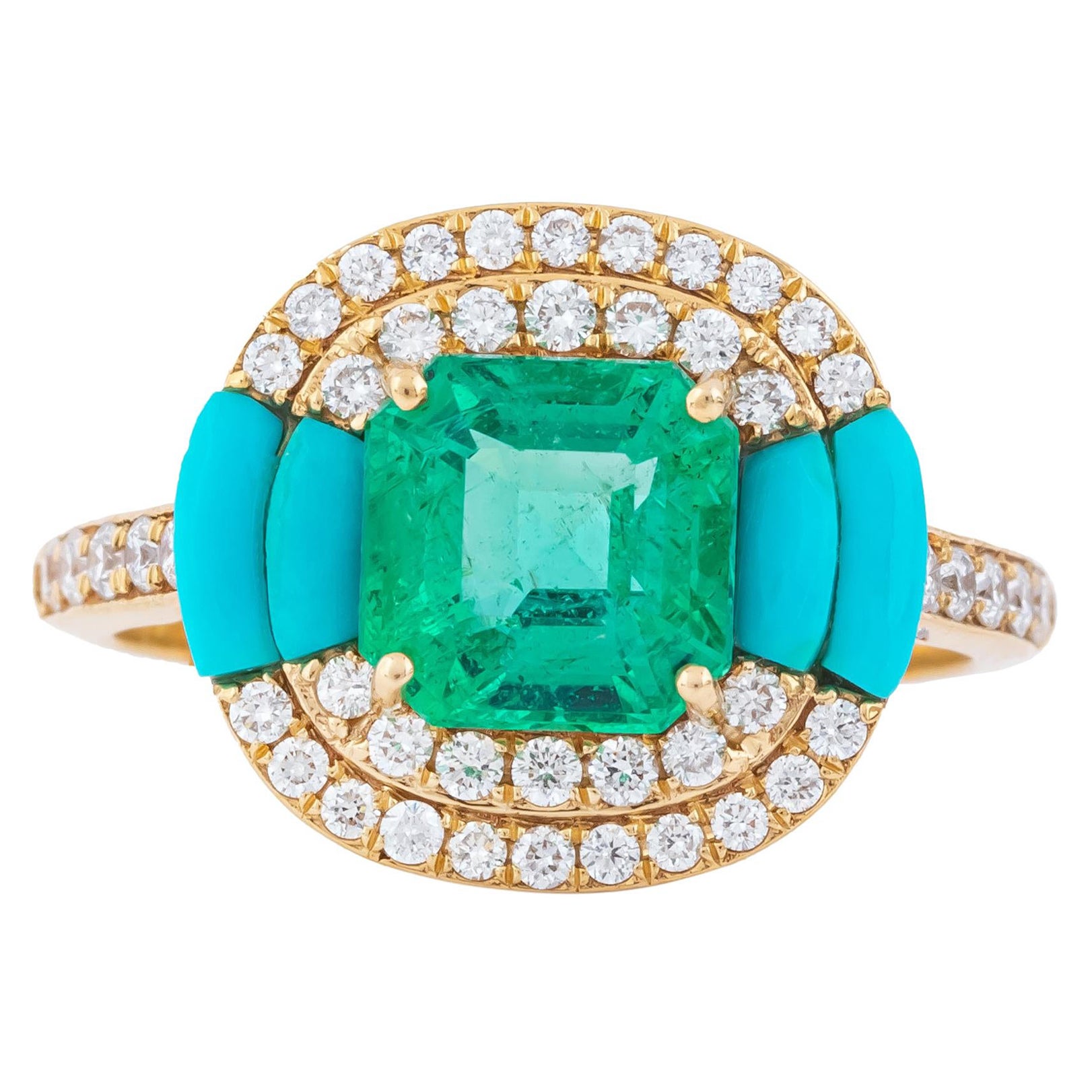 18 Karat Gold 2.65 Carat Diamond, Emerald and Turquoise Fashion Ring For Sale