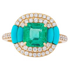 18 Karat Gold 2,65 Karat Diamant, Smaragd und Türkis Mode-Ring