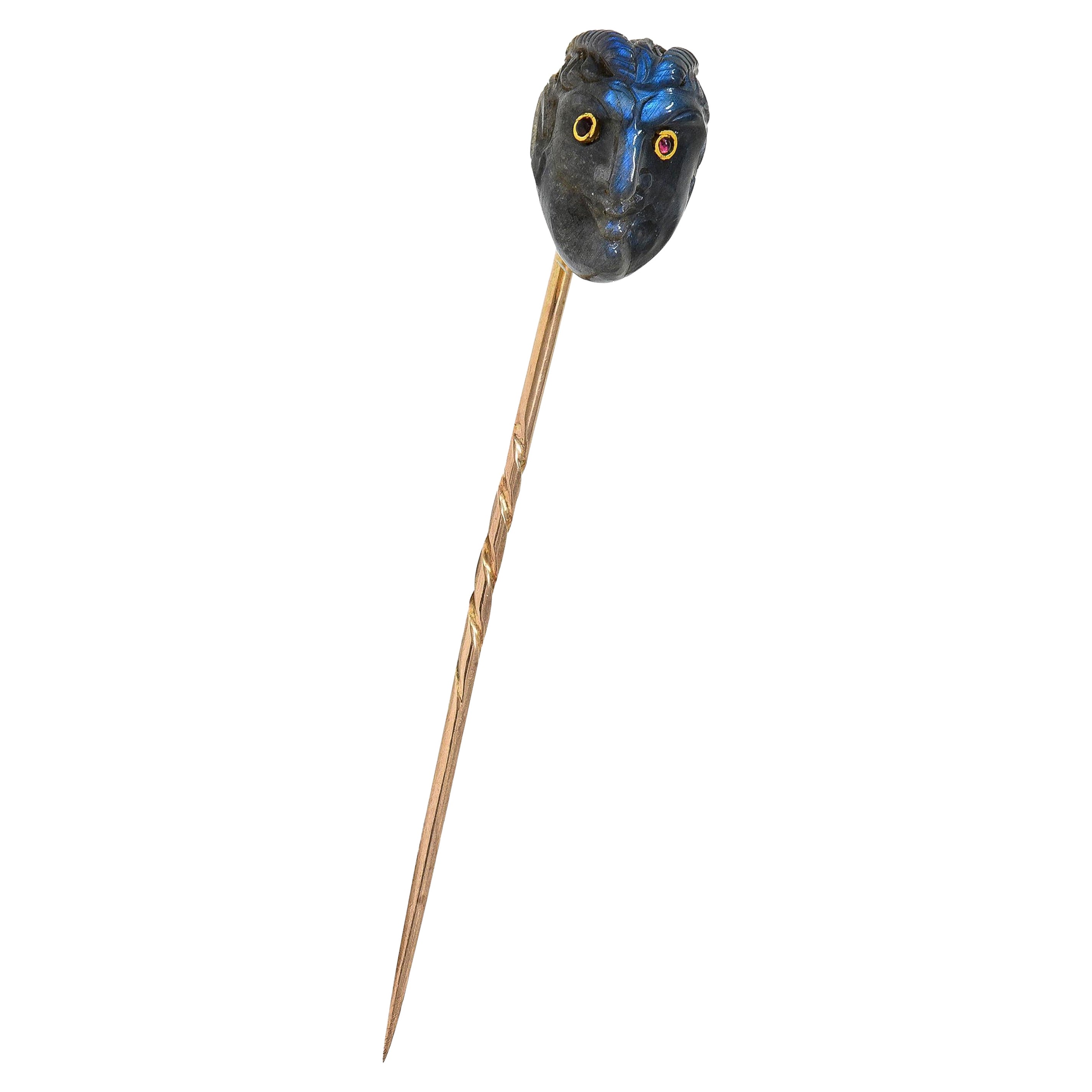 Victorian Labradorite Ruby 14 Karat Yellow Gold Devil Antique Stickpin