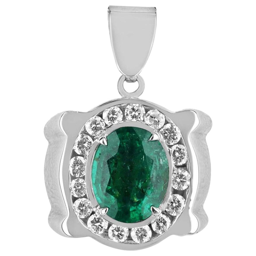 5.36tcw 14K White Gold Men's Oval Emerald & Diamond Halo Pendant Rich Green