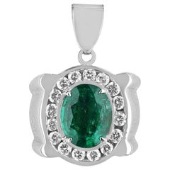 5.36tcw 14K White Gold Men's Oval Emerald & Diamond Halo Pendant Rich Green