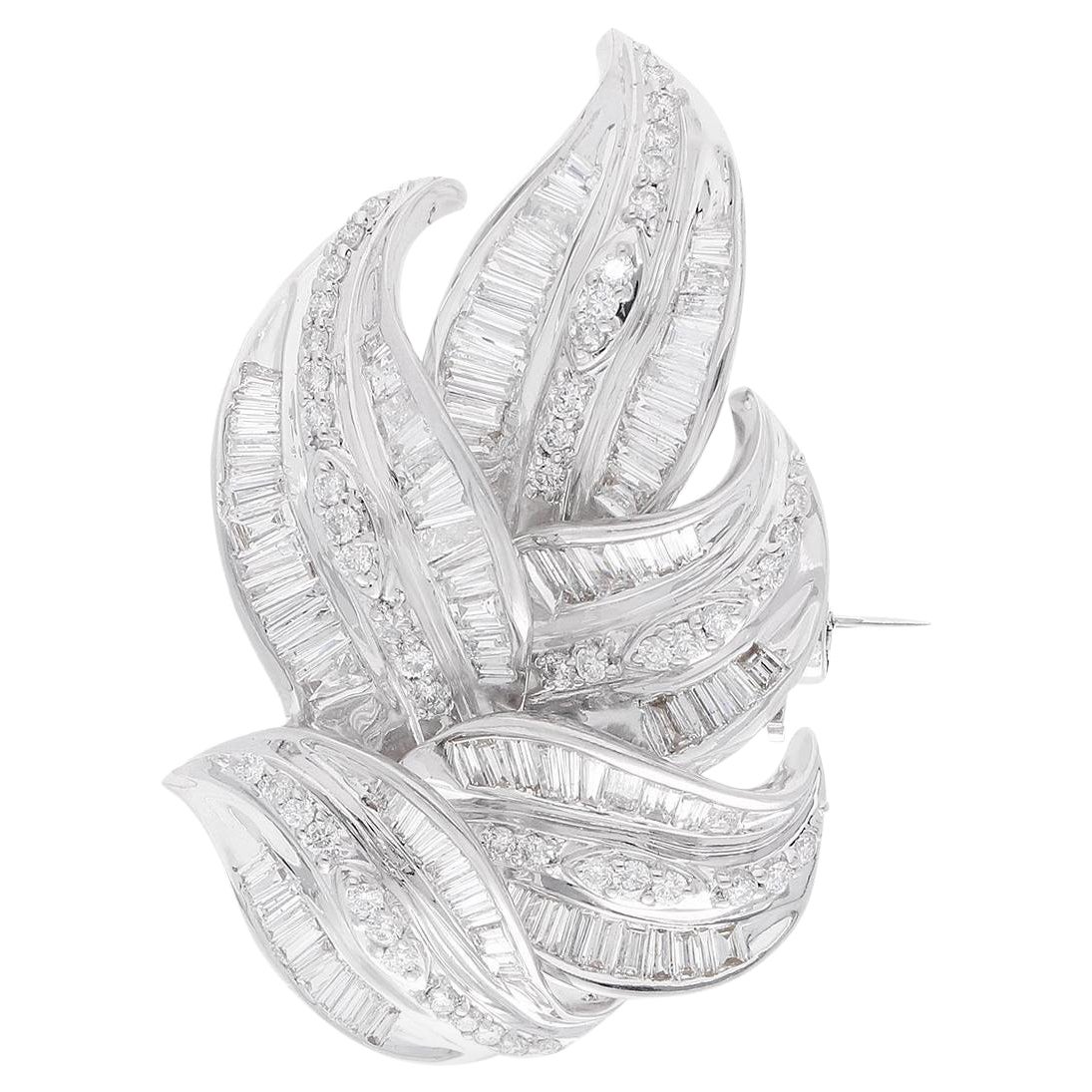 2.87 Carat SI Clarity HI Color Diamond Leaf Brooch 14 Karat White Gold Pendant