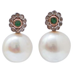 White Pearls, Emeralds, Diamonds, Rose Gold and Silver Earrings.
